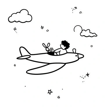 A small plane flying through a vast sky, with fluffy clouds surrounding it. Inside the cockpit, "The Petit Prince" is seated at the controls, wearing a simple outfit. Beside him, a delicate rose is placed carefully on the dashboard. The plane has a minimalist design, and there are scattered stars visible in the background, hinting at the vastness of the universe. The scene emphasizes the bond between "The Petit Prince" and the rose, with both elements prominently displayed.