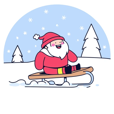 A nisse with a red hat and white beard is riding a wooden sled down a snowy hill. The nisse has bright rosy cheeks and wears a cozy red sweater. Snowflakes are gently falling around him as he laughs joyfully. The hill is covered in a thick layer of fresh snow, sparkling in the sunlight. In the background, there are snow-covered trees and a clear blue sky. The sled has a smooth finish, gliding swiftly over the snowy surface.