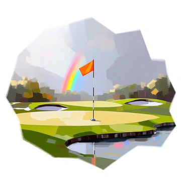 A golf hole situated on a lush green course under a gentle rain shower, with raindrops visibly falling and creating small ripples on the surface of puddles scattered around the area. The flagstick stands prominently in the hole, with the bright colors of the flag contrasting against the moody sky. In the background, a vibrant rainbow arches across the sky, its colors vivid and clearly defined against the backdrop of gray clouds. The scene captures the beauty of nature and the tranquility of the moment.