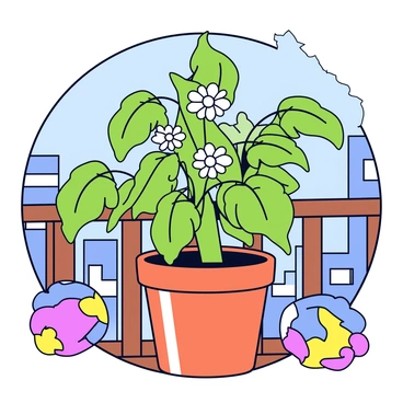 A sweet bean plant with lush green leaves is thriving in a small terracotta pot. The plant has delicate white flowers blooming among the foliage. The pot is placed on a wooden balcony railing, surrounded by a few colorful garden ornaments. In the background, there are hints of a city skyline visible, with buildings peeking through the greenery. Sunlight casts gentle shadows, enhancing the vibrant colors of the plant and the surrounding space.