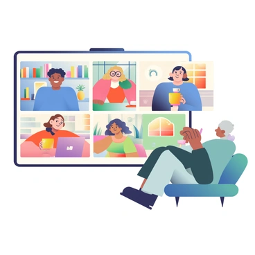 A group of five colleagues is engaged in a video conference call displayed on a large screen. The first colleague, a man with dark hair and wearing a blue shirt, is sitting in an office with shelves filled with books in the background. The second colleague, a woman with curly hair and glasses, is in a modern workspace with plants nearby. The third colleague, a man with short blonde hair, is seated at a kitchen table, and behind him, there are colorful wall decorations. The fourth colleague, a woman with long brown hair, is in a home office with a window showing a sunset outside. The fifth colleague, an older man with gray hair, is in a cozy living room setting, sitting on a comfortable couch with a cup of coffee on the table in front of him. Each colleague is smiling and engaged, contributing to a lively discussion.