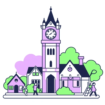 A large clock tower stands prominently in the center of a small village, surrounded by a soft veil of fog. The clock tower has an ornate design with complex gears and a circular clock face displaying the time. The structure is made of stone, featuring several decorative arches and spires at the top. Below the tower, quaint cottages with sloped roofs and small windows line the cobblestone streets. The scene is quiet, with hints of greenery peeking through the fog, creating an atmosphere of mystery and charm. A few villagers can be seen walking in the background, their figures slightly blurred by the mist.