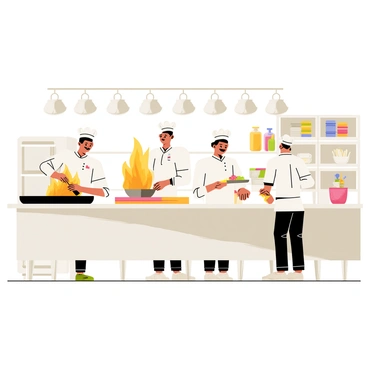 A busy restaurant kitchen with multiple chefs in white uniforms actively working. One chef is stirring a large pan with flames rising dramatically as he cooks. Another chef is chopping vegetables on a wooden cutting board while a third chef is plating a dish with colorful garnishes. Stainless steel appliances and shelves filled with ingredients are visible in the background. An array of pots and pans hang above the workstations, completing the lively kitchen scene.