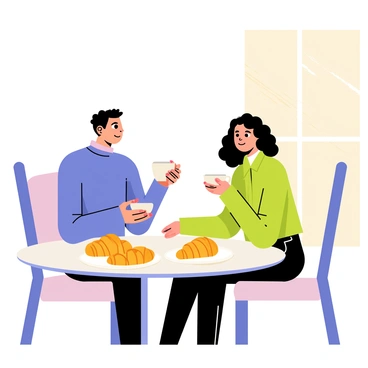 Two friends sitting at a small round table in a cozy café. One friend has dark hair and is wearing a blue sweater, while the other has curly hair and is dressed in a green cardigan. They are both holding porcelain teacups and smiling at each other. On the table, there are several golden-brown pastries arranged on a white plate, including croissants and danishes. Soft ambient light filters through a nearby window, illuminating the scene and creating a warm atmosphere.