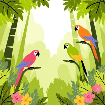 A vibrant tropical rainforest filled with lush green leaves and tall trees. In the foreground, several colorful parrots are perched on branches. One parrot has bright red feathers with a blue wing; another is a vivid green with yellow accents; a third parrot displays a mix of orange and purple hues. The sunlight filters through the dense canopy, casting dappled shadows on the forest floor below. Ferns and tropical flowers add splashes of color around the base of the trees.