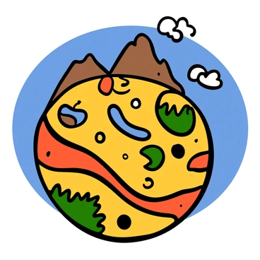 A vibrant planet with a surface entirely made of pizza. The crust forms the mountainous regions, resembling rugged peaks. The cheese spreads across the landscape like rolling hills, melted and bubbling. Various toppings serve as geographical features: pepperoni slices scattered like small islands, green peppers forming lush valleys, black olives resembling lakes, and mushrooms creating dense forests. The sky is a bright blue, contrasting with the earthy tones of the pizza, giving the scene a whimsical and playful appearance.