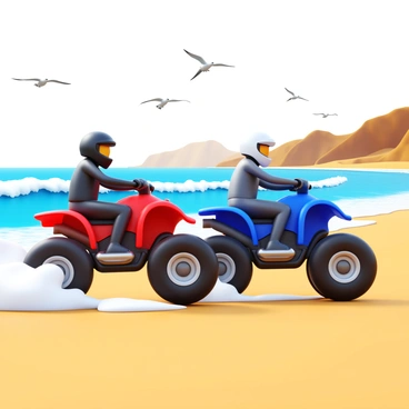 Two ATVs, one red and one blue, are racing side by side along a sandy beach. The red ATV has a rider wearing a black helmet and protective gear, while the blue ATV has a rider in a white helmet. The beach is wide with golden sand, and the ocean waves are crashing nearby, creating foamy white surf that glistens in the sunlight. In the background, there are distant cliffs and dunes, adding to the coastal landscape. Seagulls can be seen flying above, completing the dynamic scene of the race.