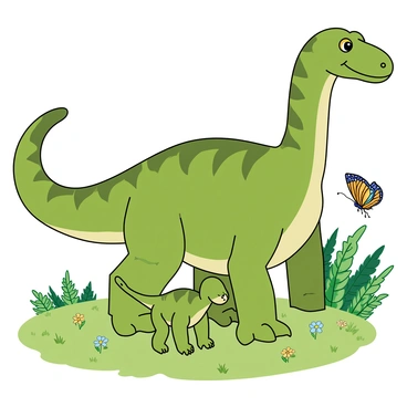 A large iguanodon with green scales and a sturdy build stands firmly on a patch of lush grass. The mother iguanodon has a watchful expression, her large eyes focused intently on her baby. The baby iguanodon, smaller in size with softer features and a lighter shade of green, is curiously exploring its surroundings. It is crouched down, observing a colorful butterfly fluttering nearby. Sunlight filters through the leaves of nearby trees, casting gentle shadows on the ground. The mother’s tail is curled protectively around her baby as she maintains her vigilant stance. Small flowers and ferns are scattered around, adding vibrant colors to the scene.