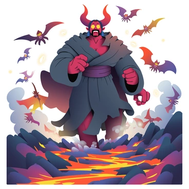 Satan commanding chaos with a horde of demons flying around in a fiery landscape