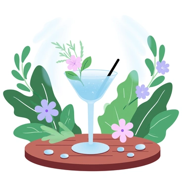A coupe glass filled with a vibrant botanical cocktail is placed on a wooden table. The cocktail features garnishes of fresh herbs and edible flowers floating on the surface. Surrounding the glass, there are lush green plants with broad leaves and colorful flowers in bloom, creating a rich garden environment. In the background, the sun filters through the foliage, casting soft light over the scene. A scattering of small stones can be seen on the table, enhancing the natural setting.