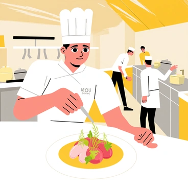 A chef wearing a white coat and a tall hat is meticulously plating a gourmet dish on a round white plate. The dish features vibrant colors, with bright green herbs, delicate drizzles of sauce, and neatly arranged ingredients. The chef is focused, holding a pair of tweezers in one hand to position microgreens on top of the dish. In the background, there are stainless steel appliances, pots simmering on the stove, and fellow chefs moving about the bustling kitchen, creating a lively atmosphere. The kitchen has warm wooden accents and bright overhead lights illuminating the workspace.