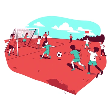 A red sports field is filled with children playing soccer together. A group of girls in teal jerseys and boys in white jerseys are passing the ball to each other. Some children are running towards the goal while others are strategizing on the sidelines. In the background, there are goalposts and a bright blue sky above. The scene captures the spirit of teamwork and cooperation among the players, with smiles on their faces as they enjoy the game.