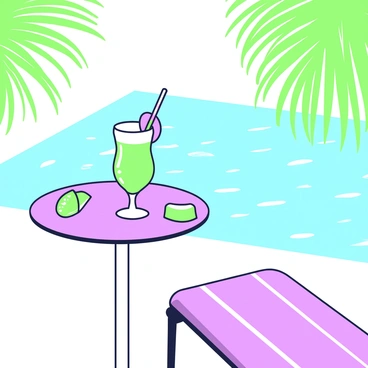 A small table is positioned beside a pool, reflecting the sunlight. On the table, there is a refreshing cocktail served in a tall glass with a curved rim. The cocktail has a slice of fruit garnishing the edge. Next to the glass, there is a colorful straw protruding. The pool's surface is shimmering with light, and palm leaves are visible in the background, casting playful shadows. The scene is filled with a sense of relaxation and leisure, inviting viewers to envision a tropical getaway.