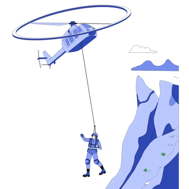 A helicopter is hovering above a rocky cliff. The helicopter has a large, circular rotor at the top, producing a downward draft. Below, a soldier is being hoisted up with a harness attached to a cable from the helicopter. The soldier is wearing tactical gear, including a helmet and boots, while gripping a rescue line. The rocky cliff has uneven surfaces and sparse vegetation, illustrating the rugged terrain. The background features a distant landscape with more cliffs and a cloudy sky.