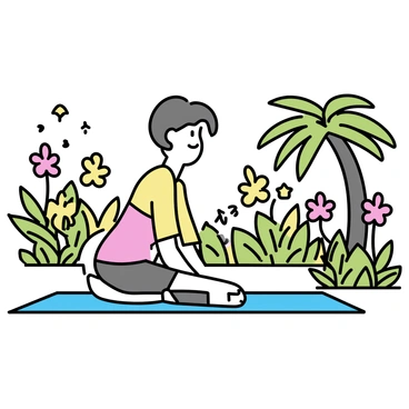A tropical garden filled with vibrant, blooming flowers in various colors, including red, yellow, and pink. In the center, a person wearing comfortable athletic clothing is practicing pelvic floor exercises on a yoga mat. The person has short hair and is focusing intently on their form. Surrounding them are lush green plants and palm trees gently swaying in the breeze, creating a serene atmosphere. Bright sunlight filters through the leaves, casting soft shadows on the ground.