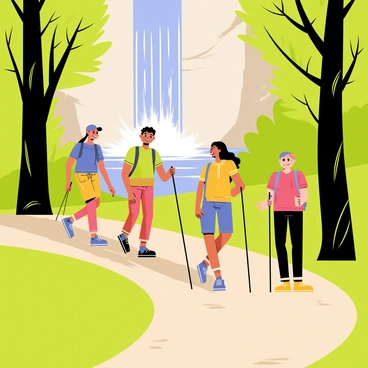 A group of four friends hiking along a winding dirt trail in a lush green forest. Tall trees with vibrant leaves surround them, creating a natural canopy overhead. In the background, a beautiful waterfall cascades down rocky cliffs, with sparkling water splashing into a clear pool below. The friends are wearing colorful hiking gear and smiling, enjoying their adventure in nature. Sunlight filters through the trees, casting dappled shadows on the ground.