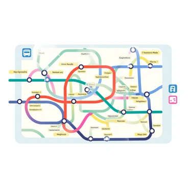 An overhead view of a colorful subway map with lines crisscrossing like a network of roads