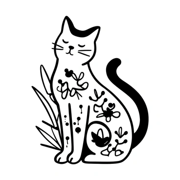 A tattoo design featuring a cat with intricate patterns inspired by traditional Chinese blue porcelain. The cat's body is adorned with swirling floral motifs and geometric shapes, all rendered in a delicate and detailed manner. The design includes elements such as bamboo and cherry blossoms intertwined around the cat. The overall composition is balanced, with the cat sitting elegantly, its tail curled gracefully around its paws, highlighted by the fine detailing of the porcelain patterns.
