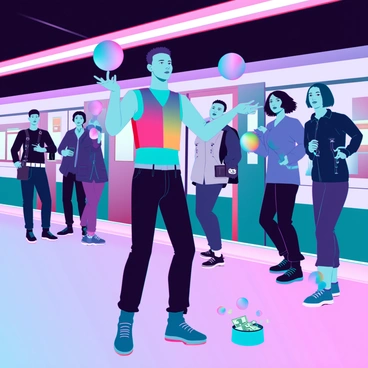 A street performer with short hair and wearing a colorful vest, is skillfully juggling three vibrant, neon-colored balls. The subway platform is bustling with people, including commuters of diverse backgrounds and ages, some looking on with interest while others are preoccupied with their phones. The overhead lights cast a warm glow, illuminating the scene. In the background, a subway train is visible, with its doors partially open, ready to receive passengers. A small hat is placed on the ground in front of the performer, filled with some coins and small bills from appreciative onlookers.