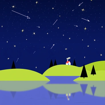 A night sky filled with "twinkling stars" and distinct "constellations" scattered across. "Shooting stars" streak across the sky, leaving bright trails. Below, a "peaceful landscape" features rolling green hills topped with "silhouetted trees" against the starlit backdrop. A calm "lake" reflects the celestial display, enhancing the tranquil atmosphere. In the distance, a small "cottage" with a smoke curling from the chimney adds a touch of warmth to the scene.