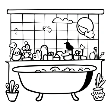 A bathroom interior featuring soap sculptures arranged on a marble countertop. Various whimsical shapes of soap sculptures are displayed, including animals, flowers, and abstract forms. The walls are adorned with decorative tiles featuring playful patterns. A vintage mirror reflects the intricate details of the soap sculptures. A potted plant sits in the corner, adding an element of nature to the quirky setting. The bathtub is filled with bubbles, enhancing the playful atmosphere of the scene.