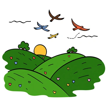 A flock of birds soaring gracefully across a vibrant rolling countryside landscape. The birds are various sizes, with some small sparrows and larger hawks, their wings outstretched as they glide through the air. The countryside features gently undulating hills covered in lush green grass, dotted with colorful wildflowers. In the distance, a few clusters of trees are visible, providing patches of shade and contrast against the sky. The sun is setting on the horizon, casting a warm golden light across the scene.
