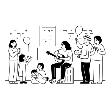A street musician is sitting on a wooden crate, playing the guitar. He has long hair and is wearing a casual t-shirt and jeans. A small crowd is gathered around him, some standing and others sitting on the ground. They are smiling and clapping along to the music. The crowd includes a child holding a balloon, a couple holding hands, and an older man with a hat. The background features a brick wall with some street art and a few trees lining the street.