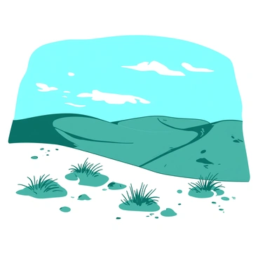 A teal landscape showcases expansive wind-swept sand dunes rolling gently across the horizon. The dunes are textured and shaped by the blowing wind, creating soft undulations and shadows. Scattered throughout the dunes are patches of green grass, bending slightly in the breeze, adding contrast to the sandy hues. Above this scene, a vibrant blue sky is clear, with a few wisps of white clouds floating lightly, completing the serene desert vista.