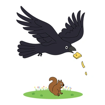 A large black crow with glossy feathers is flying through the air, its wings outstretched in mid-flap. In its beak, it holds a small piece of yellow cheese, which is slipping free. The crow's eyes are wide with surprise as the cheese tumbles downwards towards the ground. Below, there is a grassy patch with a few scattered wildflowers, and a curious squirrel is looking up at the falling cheese. The scene captures the moment of the crow's accidental drop, emphasizing the crow's dynamic pose and the excitement of the ground below.