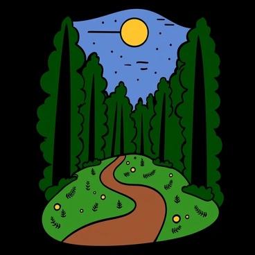 A moonlit path winding through a dense forest. The path is made of soft earth, surrounded by tall trees with dark green leaves. Fireflies are scattered throughout the scene, glowing softly in shades of yellow and green. The moon hangs high in the night sky, casting a gentle light on the path, creating a tranquil atmosphere. The forest floor is covered with small ferns and moss, adding texture to the landscape. The silhouette of branches above creates intricate patterns against the night sky.