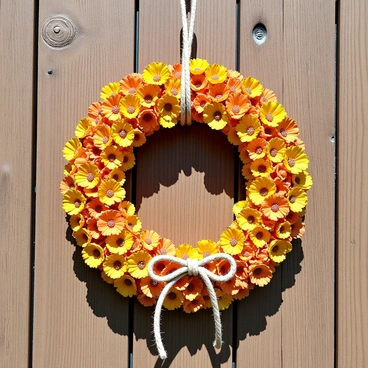 A handcrafted wreath made from dried calendula flowers is hanging on a rustic wooden door. The wreath is circular, densely packed with vibrant orange and yellow calendula petals, creating a textured appearance. The door features a weathered finish, showcasing natural wood grains and a few visible knots. The wreath is secured with a simple twine bow, contrasting with the door's earthy tones. Light shadows are cast by the sun, accentuating the details of both the wreath and the door.
