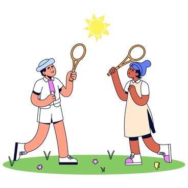 A vintage badminton scene featuring two wooden rackets with a polished finish, held by players in casual, retro clothing. One player is in a white shirt and shorts, while the other wears a light-colored dress. They are positioned on a grassy field, surrounded by a few scattered flowers. Above them floats a classic birdie, crafted with feathers and a cork base, suspended in mid-air as if just hit. The sun casts a warm light over the scene, creating a nostalgic atmosphere.