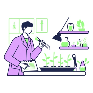 A scientist is standing in a laboratory wearing a lab coat. They are examining a tray of germinating seeds placed on a table. The seeds are sprouting with tiny green shoots breaking through the soil. Above the tray, there is a bright lamp illuminating the scene, casting light on the seeds. The scientist is holding a pair of tweezers in one hand and has a notebook open in front of them, filled with observations. Shelves in the background hold various scientific equipment and plants.