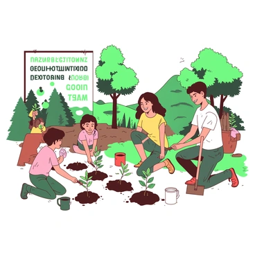 A group of families is gathered in a deforested area, participating in a community event to plant trees. Several children are holding small saplings, ready to place them into freshly dug holes. Adults are kneeling, using shovels to prepare the ground, while others are watering the saplings with small cans. Colorful banners are set up nearby, displaying messages about environmental preservation. In the background, there are patches of greenery, showing the contrast between the deforested land and the areas where trees have successfully been planted. People are wearing casual clothes, and some are smiling as they work together towards a common goal.