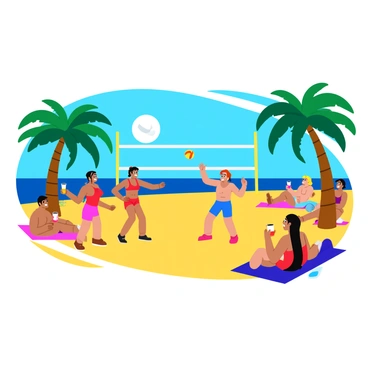 A lively beach scene featuring two teams engaged in a volleyball match. The players are in colorful swimsuits, with one team wearing bright red and the other team in vibrant blue. The sun shines brightly in a clear blue sky, casting warm light on the sand. Tall palm trees surround the playing area, their fronds swaying gently in the breeze. Spectators in beach attire lounge on towels nearby, enjoying the game while sipping colorful drinks. A beach ball is in mid-air, just above the net, ready to be spiked.