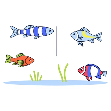 A side-by-side comparison featuring a zebrafish and two other small freshwater fish. The zebrafish has a sleek, elongated body with distinct horizontal blue and silver stripes. On one side is a guppy, displaying vibrant orange and green colors with a rounded body and flowing fins. On the other side is a neon tetra, showcasing a transparent body with a striking iridescent blue stripe along its side and a shiny red patch near the tail. The fish are swimming in clear, shallow water with a few subtle aquatic plants in the background.