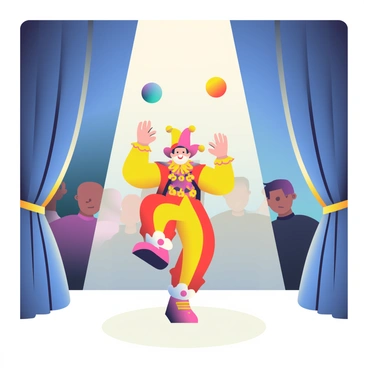 A spotlight is shining down on a jester who is performing tricks on a grand stage. The jester has a colorful outfit, featuring bright red and yellow patterns, and a playful hat with bells that jingle as he moves. He is in the midst of a dramatic pose, balancing on one foot while juggling three vibrant balls in the air. The stage is adorned with rich, deep blue curtains that frame the scene, and there are hints of ornate gold trim along the edges. In the background, the silhouette of an audience can be seen, with a few delighted faces illuminated by the spotlight.