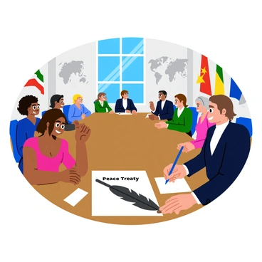 A large room filled with people gathered around a long wooden table. In the center of the table, there is a document titled "Peace Treaty" with a large quill pen resting beside it. Several officials in formal attire, including suits and dresses, are seated at the table, some looking at each other and others at the document. In the background, a large window reveals a bright blue sky. The walls are adorned with historical maps and flags representing different nations. A sense of anticipation fills the air as one prominent figure, poised to sign, lifts the quill pen.