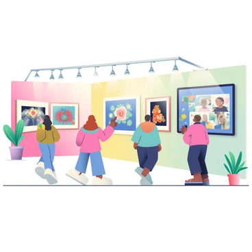 A spacious digital art exhibition hall features various virtual walls displaying the artworks of graduates. Each wall displays a different piece, with vibrant colors and intricate details captivating the viewers. People of diverse backgrounds are walking around, pointing at the exhibits and discussing the art. In one corner, a large screen shows a video montage of the graduates’ creative processes. Soft lighting illuminates the space, highlighting the textures of the artworks, while a few potted plants are placed strategically around the exhibition for a touch of greenery.