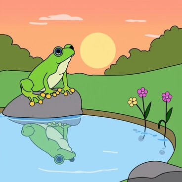 A vibrant green tree frog with bulging eyes is perched on a smooth rock at the edge of a calm pond. The frog is looking intently at its reflection on the surface of the water. The pond is surrounded by lush greenery, and the sky is filled with warm hues of orange and pink as the sun sets. Small ripples in the water are barely visible, adding a touch of movement to the stillness. A few colorful flowers are blooming nearby, contributing to the tranquil atmosphere of the scene.