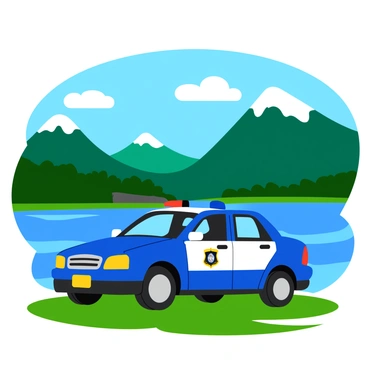A shiny blue police car parked on a grassy area near a lake. The police car has a white stripe along the side with a badge on the door. The lake reflects the clear blue sky and fluffy white clouds. In the background, there are tall green mountains with patches of snow on their peaks. Gentle waves ripple across the lake's surface, adding a sense of movement. Lush trees line the lake's edge, providing a vibrant green backdrop to the scene.