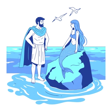 Ulysses is standing on a rocky outcrop surrounded by the vast ocean. He is dressed in ancient Greek attire, with a flowing cloak and armor visible beneath. His expression shows curiosity and intrigue as he engages in conversation. The mermaid, with long flowing hair, is perched gracefully on a large rock. Her shimmering scales reflect the sunlight, showcasing a blend of colors. She is leaning slightly forward, listening intently to Ulysses. The ocean around them has gentle waves lapping against the rock, with a backdrop of clear blue sky. A few distant seagulls can be seen flying overhead, adding to the maritime atmosphere.