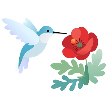 A hummingbird with iridescent plumage is hovering near a vibrant red poppy flower. The bird's wings are a blur from rapid movement, creating a sense of motion. The poppy has delicate petals that gently curl at the edges, with its bright stamen prominently visible at the center. Surrounding the flower are lush green leaves, adding contrast to the scene. The hummingbird is positioned in such a way that it is poised to sip the nectar from the poppy.