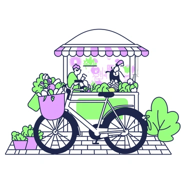 A black bike is parked next to a wooden stall outside a farmer's market. The bike is equipped with a rear rack that is heavily laden with several shopping bags. The bags are filled with various fresh produce, including green vegetables and seasonal fruits. In the background, there are colorful market stalls displaying vibrant fruits and vegetables, with shoppers browsing and vendors interacting. The ground is made of cobblestones, adding texture to the scene, and a few potted plants are arranged nearby, enhancing the market atmosphere.