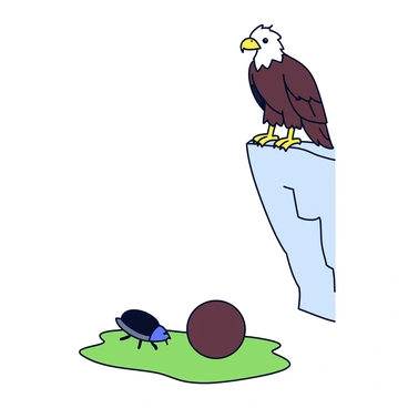 An eagle with a sharp beak and a strong, curved talon is perched high on a rocky ledge. The eagle has dark brown feathers with a lighter head, and its keen eyes are focused intently below. On the ground, a small beetle is seen rolling a round ball of dung across a patch of green grass. The beetle has a shiny black shell and tiny legs that are working diligently to maneuver the ball. The scene captures the contrast between the eagle's majestic presence above and the industrious activity of the beetle below.