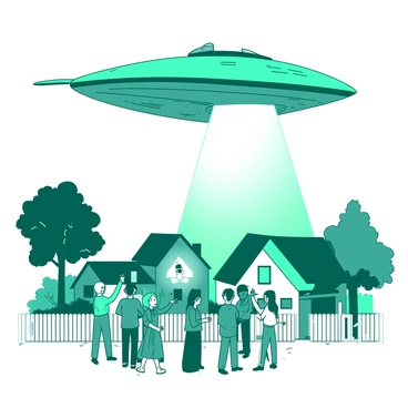 A teal alien spaceship with a sleek, rounded design is hovering over a small town. The spaceship emits a soft white glow from its underside, illuminating the streets below. Townspeople are gathered in small groups, looking up with expressions of awe and curiosity. Some people point towards the spaceship, while others take out their phones to capture the moment. The houses below are quaint and colorful, with a white picket fence visible in the foreground. A few trees dot the landscape, casting shadows on the amazed faces of the townspeople.