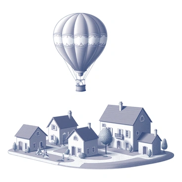 A hot air balloon with a unique, whimsical shape is suspended in the air above a charming village. The balloon has intricate designs and patterns. Below, the village features quaint houses with peaked roofs and small gardens, arranged closely together. The cobblestone streets wind through the settlement, with a few trees scattered throughout. Some villagers can be seen walking along the paths and interacting in the vibrant community. The sky serves as a backdrop, enhancing the scene with a sense of elevation and freedom.