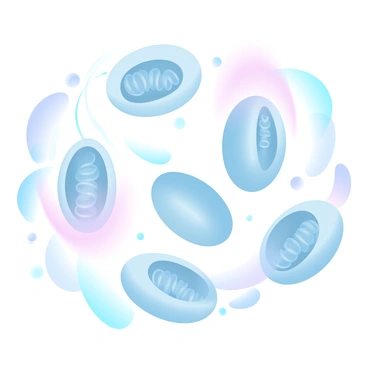 A detailed illustration of several cellular mitochondria, each shaped like small, elongated ovals with intricate inner structures. The mitochondria are surrounded by a fluid medium, where vibrant, colorful sparks are being emitted, representing energy production. The sparks radiate outward in a gradient of pastel colors, blending and swirling around the mitochondria. The background is softly lit, enhancing the luminous effect of the sparks and highlighting the dynamic processes occurring within the cells.