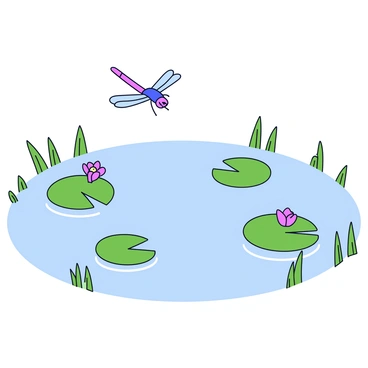 A serene pond scene featuring lily pads floating on the water's surface.