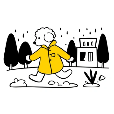 A labradoodle with curly fur walking along a wet pathway while wearing a yellow raincoat. There are puddles forming on the ground around its paws. Raindrops are falling from the sky, creating small splashes in the puddles. In the background, there are silhouettes of trees and a distant building shrouded in mist. The atmosphere conveys a sense of a rainy day.